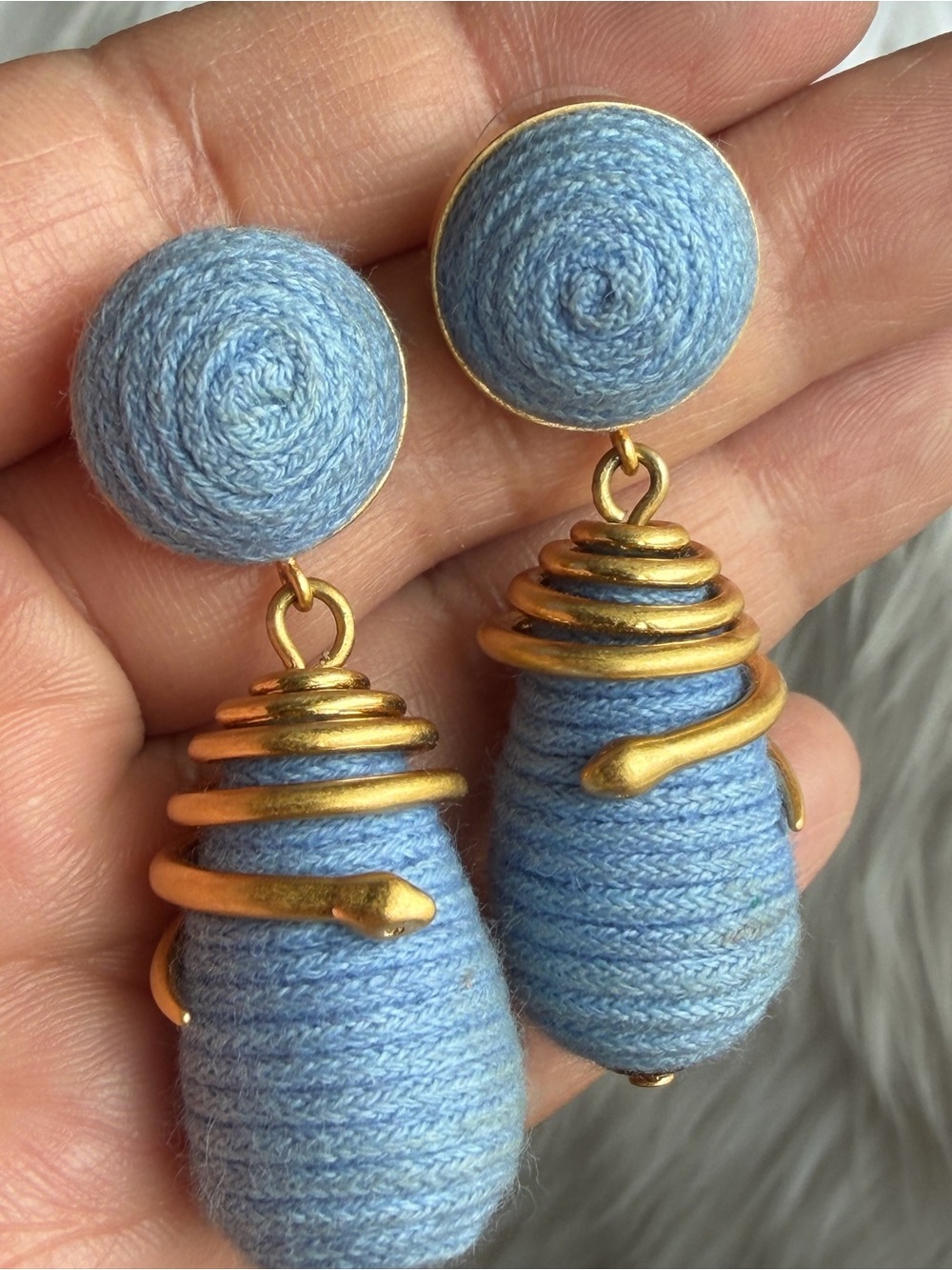 Hand-Wrapped Light Blue Woven Textile Drop Earrings with Gold Serpent Accents - Picture 12 of 13
